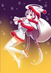  ahoge ass boots christmas dimples_of_venus dress forehead_jewel fur_trim gradient gradient_background hat high_heel_boots high_heels highres holding inugoya long_hair low_twintails outline purple_eyes sack santa_costume santa_hat snowflakes solo thigh_boots thighhighs twintails under_night_in-birth vatista very_long_hair white_footwear white_hair white_legwear white_santa_costume 