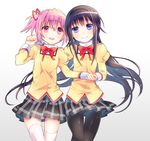  :d akemi_homura bad_id bad_pixiv_id black_hair black_hairband black_legwear bow hair_ribbon hairband holding_hands juliet_sleeves kaname_madoka long_hair long_sleeves looking_at_viewer mahou_shoujo_madoka_magica mitakihara_school_uniform multiple_girls open_mouth pantyhose pink_eyes pink_hair puffy_sleeves purple_eyes ribbon school_uniform short_hair short_twintails sie-sie simple_background smile thighhighs twintails white_background white_legwear yuri zettai_ryouiki 