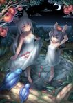  2014 animal_ears apple avian barefoot bird blue_eyes blue_feathers clothed clothing cloud duo female fish fruit grey_hair hair marine moon night nongqiling open_mouth outside sky tree water wood yellow_eyes young 