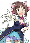  1girl ;d anbe_masahiro animal_ears blush breasts brown_hair cat_ears cat_tail choker cleavage contrapposto fang gloves green_eyes hand_on_hip heart idolmaster idolmaster_cinderella_girls looking_at_viewer maekawa_miku one_eye_closed open_mouth pink_ribbon pointing pointing_at_viewer red_ribbon ribbon simple_background smile solo standing tail thighhighs white_background wink winking zettai_ryouiki 