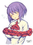  1girl ascot bangs blush breasts bubble commentary_request dated eyebrows_visible_through_hair eyes_closed frills hair_between_eyes head_tilt iroyopon large_breasts long_hair nagae_iku no_hat no_headwear purple_hair red_neckwear shirt short_hair signature simple_background sleeping solo touhou upper_body white_background white_shirt 