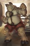  2015 anthro belly biceps bovine boxer boxing bulge cattle chest_tuft chubby cinna-tree clothed clothing feline fighting_ring fluff fur hair half-dressed hooves horn hybrid looking_at_viewer male mammal nipple_piercing nipples piercing pose shorts small_ears smile solo sports stripes tiger topless tuft 