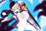  androgynous blue_eyes closers dexp jumping looking_at_viewer mistilteinn_(closers) open_mouth pov short_hair shorts skirt smile sword vest_lift weapon 