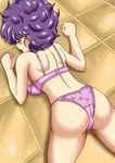  ass blush bra breast_press breasts cameltoe dragon_ball eyes_closed female highres large_breasts legs lipstick lying makeup on_stomach open_mouth panties pink_bra pink_panties purple_hair pyramid_house ranfan short_hair solo thighs underwear 