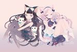  animal_ears backless_dress backless_outfit bangs black_hair blue_eyes blunt_bangs bow cat cat_ears cat_tail circle_name cover cover_page doujin_cover dress frilled_legwear full_body lingerie long_hair multiple_girls original paw_pose pechika ribbon silver_hair tail underwear very_long_hair watermark web_address 