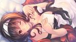  bare_shoulders blush book breasts brown_hair cleavage hairband kasumigaoka_utaha long_hair lying medium_breasts off_shoulder on_back one_eye_closed pakupaku_choppu red_eyes saenai_heroine_no_sodatekata shawl smile solo 