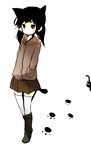 animal_ears black_hair boots cat cat_ears cat_tail hair_ornament hair_scrunchie jacket knee_boots original paw_print scrunchie simple_background skirt solo tail thighhighs tsukiyo_(skymint) white_background 
