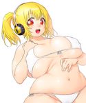  :d belly bikini blonde_hair breasts breasts_apart collarbone fat_folds headphones large_breasts looking_at_viewer navel nitroplus onsoku_maru open_mouth plump red_eyes skindentation smile solo super_pochaco swimsuit tareme twintails 