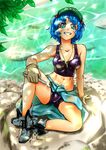  absurdres ankle_boots aqua_eyes bike_shorts blue_hair boots bosatsu_touge breasts clothes_around_waist dappled_sunlight fat_mons gloves grin hair_bobbles hair_ornament hat highres jewelry kawashiro_nitori key medium_breasts midriff navel pendant short_hair short_twintails sitting smile solo spread_legs sunlight tank_top toned touhou twintails two_side_up wet wrench 