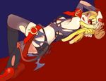  bad_deviantart_id bad_id bare_shoulders belt black_legwear blonde_hair demon_tail girutea hand_on_own_head long_hair lying on_side open_mouth original red_eyes short_shorts shorts smile solo tail thighhighs torn_clothes torn_legwear two-tone_background 