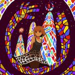  blonde_hair blue_dress cameo dress highres madotsuki shoe&amp;nikki short_hair stained_glass usotsuki yume_nikki yume_nisshi 