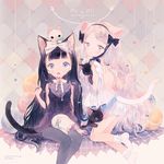  animal_ears artist_name backless_dress backless_outfit bad_id bad_pixiv_id bangs black_hair blue_eyes blunt_bangs bow cat cat_ears cat_tail circle_name cover cover_page doujin_cover dress frilled_legwear full_body lingerie long_hair multiple_girls original paw_pose pechika ribbon silver_hair tail underwear very_long_hair yarn yarn_ball 