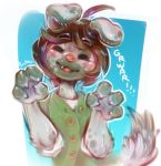  anthro brown_hair canid canine canis claws clothed clothing dog eyes_closed fangs female floppy_ears fur grey_fur hair happy mammal open_mouth panken pink_nose rawr shirt simple_background smile solo spots standing text 