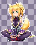  animal_ears black_gloves black_legwear blonde_hair blush breasts catchphrase checkered checkered_background dog_days fingerless_gloves fox_ears fox_tail gloves green_eyes indian_style japanese_clothes kazuma_muramasa kimono large_breasts long_hair looking_at_viewer ponytail sandals simple_background sitting smile solo tail tail_raised thighhighs yukikaze_panettone 