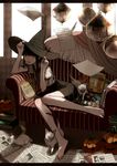  bangs bare_legs barefoot black_hair blunt_bangs book brand_name_imitation candle cat chips couch dress feathers floating floating_object food hat highres jack-o'-lantern mouth_hold original papers pocky potato_chips ribbon solo uryoko witch witch_hat 