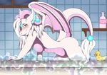  2014 amarandith bath blue_eyes blush bottle bubble bubble_bath female hair horn looking_at_viewer nipples nomonmomo nude orb rubber_duck solo white_hair wings 