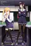  absurdres black_hair black_legwear blonde_hair blush brown_eyes checkered checkered_floor clenched_hands clenched_teeth crossed_arms furrowed_eyebrows girls_mate hair_ribbon hairband highres kasumigaoka_utaha kobayashi_keisuke legs long_hair long_legs multiple_girls non-web_source official_art pantyhose pleated_skirt ribbon saenai_heroine_no_sodatekata sawamura_spencer_eriri school_uniform serafuku shoes skirt standing sweater_vest teeth thighhighs twintails uwabaki zettai_ryouiki 