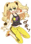  :d animal_ears blonde_hair capri_pants chan_co fang flat_chest full_body green_eyes idolmaster idolmaster_cinderella_girls jougasaki_rika kemonomimi_mode long_hair navel no_socks open_mouth pants shoes smile sneakers solo tail tank_top two_side_up v 