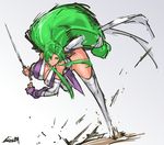 battle bent_over breasts cleavage detached_sleeves fingerless_gloves ganbare_goemon gloves green_eyes green_hair highres japanese_clothes large_breasts long_hair low-tied_long_hair nameo_(judgemasterkou) ninja running solo thighhighs very_long_hair white_legwear yae_(ganbare_goemon) 
