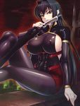  1girl annerose_vajra black_hair black_legwear bodysuit breasts erect_nipples erect_nipples_under_clothes female kagami_hirotaka koutetsu_no_majo_anneroze large_breasts long_hair miniskirt pointy_ears red_skirt showgirl_skirt skin_tight skirt solo taimanin_asagi_battle_arena taut_clothes thighhighs tight_clothes 