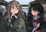 black_hair bow brown_eyes brown_hair checkered checkered_scarf commentary_request dress futatsuiwa_mamizou futatsuiwa_mamizou_(human) glasses houjuu_nue ichiba_youichi leaf leaf_on_head long_hair long_sleeves looking_at_another multiple_girls obi red_eyes sash scarf short_hair smile sweatdrop touhou vest wide_sleeves 
