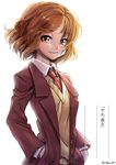  artist_name brown_eyes brown_hair chuunenpi hands_in_pockets looking_at_viewer necktie sasaki_(suzumiya_haruhi) school_uniform short_hair smile solo suzumiya_haruhi_no_yuuutsu translated white_background 