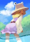  back bad_id bad_twitter_id blonde_hair cloud day hair_ornament hair_ribbon hat horizon_(sushi0126) long_sleeves looking_at_viewer looking_back moriya_suwako open_mouth purple_eyes ribbon shirt short_hair skirt skirt_set sky smile solo standing thighhighs touhou vest wading white_legwear wide_sleeves zettai_ryouiki 