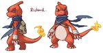  alasurth ambiguous_gender backpack bandage blue_eyes charmeleon english_text fire lizard looking_at_viewer nintendo open_mouth pok&eacute;mon reptile scalie scar scarf solo teeth text video_games 