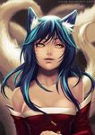  ahri animal_ears bare_shoulders blue_hair breasts cleavage detached_sleeves facial_mark fox_ears fox_tail league_of_legends long_hair multiple_tails oana_birtea small_breasts solo tail watermark whisker_markings yellow_eyes 
