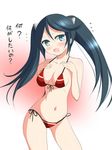  bikini blue_eyes blue_hair blush breasts deego_(omochi_bazooka) isuzu_(kantai_collection) kantai_collection long_hair looking_at_viewer medium_breasts solo swimsuit translation_request twintails 