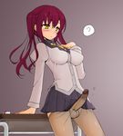  1girl ? blush breasts colored desk erection full-package_futanari futanari long_hair mofuringu pantyhose penis pleated_skirt question_mark red_hair school_uniform shiny_hair skirt solo testicles uncensored 