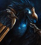  2015 anzu beak black_feathers blue_eyes feral glowing glowing_eyes kenket smile solo video_games warcraft wings world_of_warcraft 