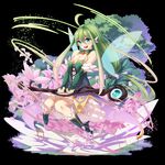  :d ahoge black_background breasts cleavage fairy flower green_eyes green_hair holding ibuki_notsu long_hair looking_at_viewer medium_breasts merc_storia open_mouth original simple_background smile solo staff tree 