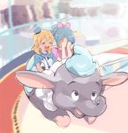  amusement_park bad_id bad_pixiv_id blonde_hair blue_hair blush bow closed_eyes covering_face daisy_duck disney disneyland donald_duck dumbo dumbo_(character) full_body hair_bow hair_over_one_eye hands_on_own_face hat inazuma_eleven inazuma_eleven_(series) kazemaru_ichirouta long_hair male_focus miyasaka_ryou multiple_boys open_mouth otoko_no_ko ponytail sailor_hat tomo_(sjim) 