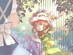  :d bell braid brown_hair bug butterfly chinese_new_year commentary_request green_eyes hair_ribbon hillly_(maiwetea) hong_meiling insect izayoi_sakuya maid multiple_girls open_mouth out_of_frame outdoors ribbon scarf short_sleeves smile touhou twin_braids 