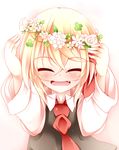  ascot blonde_hair closed_eyes fang_out hair_ribbon happy head_wreath highres kuroyume_(dark495) long_sleeves ribbon rumia simple_background smile solo touhou vest 