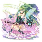  :d ahoge breasts cleavage fairy flower green_eyes green_hair holding ibuki_notsu long_hair looking_at_viewer medium_breasts merc_storia open_mouth original simple_background smile solo staff tree white_background 