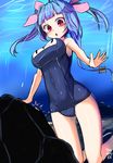  :o ahoge ass_visible_through_thighs bare_shoulders blue_hair blush breasts covered_navel hair_ribbon i-19_(kantai_collection) impossible_clothes impossible_swimsuit kantai_collection large_breasts one-piece_swimsuit open_mouth pink_eyes ribbon school_swimsuit shinkaisei-kan solo swimsuit tenken_(gotannda) twintails underwater 