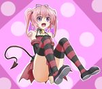  amida_desuyo covering covering_crotch detached_sleeves dress fang long_hair nana_asta_deviluke open_mouth pink_hair purple_eyes shoes sitting smile solo striped striped_legwear tail thighhighs to_love-ru twintails 
