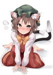  animal_ears brown_hair cat_ears cat_tail chen hat multiple_tails short_hair simple_background solo tail touhou white_background yana_(nekoarashi) 