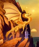  2002 ambiguous_gender anthro blue_eyes calendar cave claws dragon female feral human illustration mammal michael_whelan moon mountain polearm robe rock scalie sky staff sunset water weapon wings 