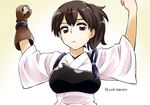  :&lt; absurdres brown_eyes brown_hair colombia_pose gloves highres japanese_clothes kaga_(kantai_collection) kantai_collection looking_at_viewer muneate partly_fingerless_gloves short_sidetail solo twitter_username yugake yukiharu 