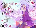  beta_x black_legwear blue_hair board_game card chess chess_piece chessboard highres long_hair looking_at_viewer no_game_no_life playing_card purple_eyes school_uniform serafuku shiro_(no_game_no_life) sitting solo thighhighs 