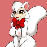  2015 anthro areola bow breasts brown_eyes cat cats_don&#039;t_dance feline female fur hair hi_res kloudmutt lips mammal nipples pink_background pink_nose plain_background red_lips sawyer short_hair sitting smile solo thick_thighs voluptuous white_fur white_hair wide_hips 