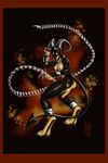  3_toes abstract_background accessories anthro astaraelabhorsen black_nose breasts butt canine claws dog female fire fur holding_weapon horn houndoom jewelry mammal necklace nintendo nipples nude pok&eacute;mon red_eyes solo standing toe_claws toes video_games weapon 