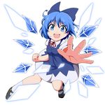  blue_dress blue_eyes blue_hair bow bwell cirno danmaku doyagao dress hair_bow ice looking_at_viewer open_mouth outstretched_arm puffy_short_sleeves puffy_sleeves shirt short_sleeves smile solo touhou 