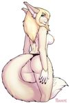  2015 anthro blonde_hair breasts butt clothing feline female fluffy_tail green_eyes hair mammal nipple_piercing nipples panties piercing porin side_boob smile solo spots underwear 