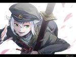  bad_id bad_pixiv_id bent_over cape green_eyes hair_flaps hat hotarumaru letterboxed long_sleeves looking_away male_focus military military_uniform ootachi open_mouth petals ryou_(kaleidoscope) sheath silver_hair smile solo touken_ranbu twitter_username uniform 