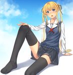  black_legwear blonde_hair blue_eyes blush collarbone fang highres long_hair long_legs long_sleeves mikazuchi_zeus open_mouth saenai_heroine_no_sodatekata sawamura_spencer_eriri school_uniform sitting skirt sky solo sweater_vest thighhighs twintails very_long_hair 