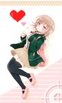  backpack bag black_legwear brown_hair crosshair danganronpa flipped_hair hair_ornament hairclip heart highres hood hoodie mary_janes mochizuki_yomogi nanami_chiaki pink_eyes pink_footwear pleated_skirt school_uniform shoes short_hair skirt smile solo super_danganronpa_2 thighhighs zettai_ryouiki 